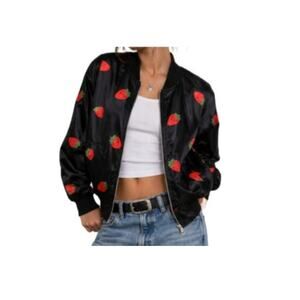 Strawberry Appliqué Black Bomber Jacket Lightweight Cropped Fit Indie